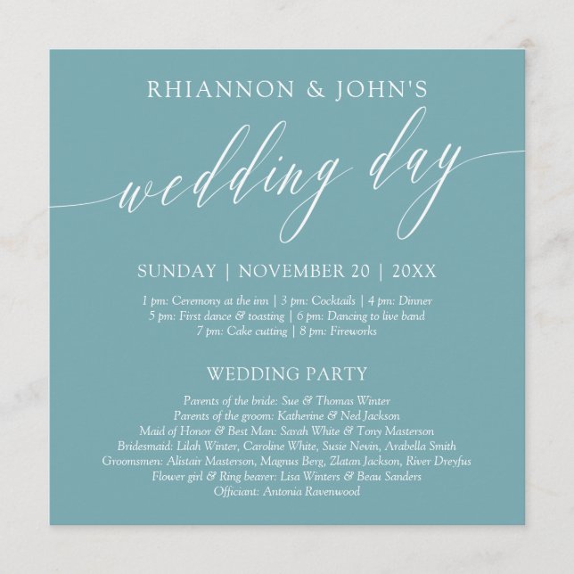 Delicate Calligraphy Teal Wedding Day Program (Front)
