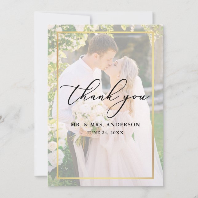 Delicate Calligraphy Wedding 2 Photo Gold Overlay Thank You Card (Front)