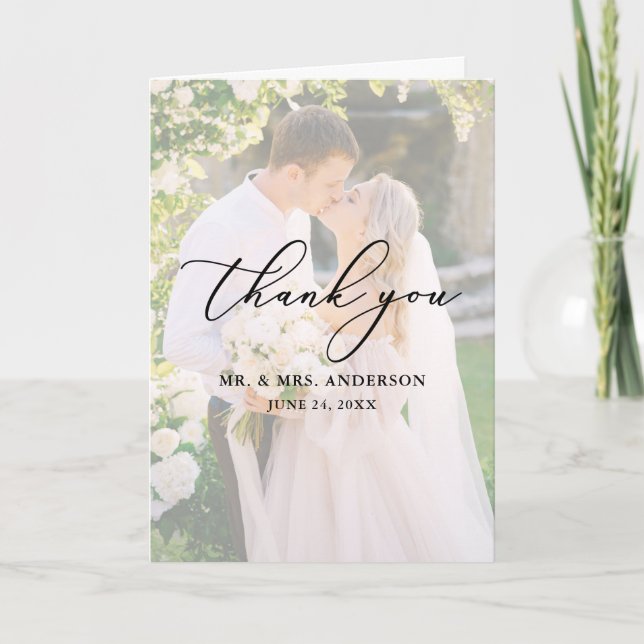 Delicate Calligraphy Wedding 2 Photo Overlay Fold Thank You Card (Front)