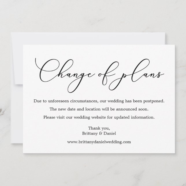 Delicate Calligraphy Wedding Change Of Plans Card (Front)