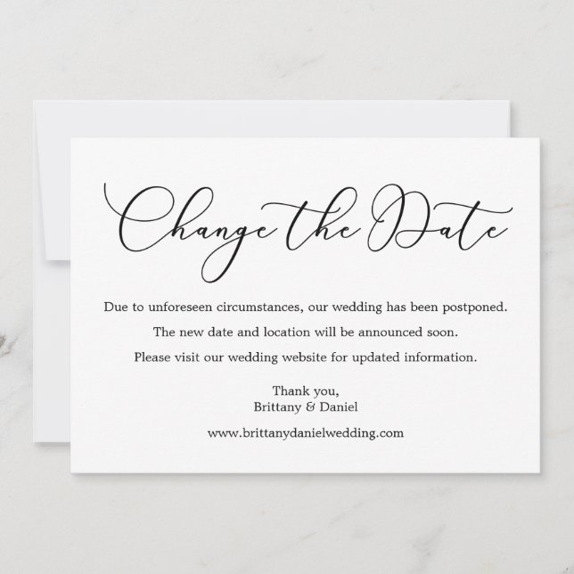 Delicate Calligraphy Wedding Change The Date Card (Front)