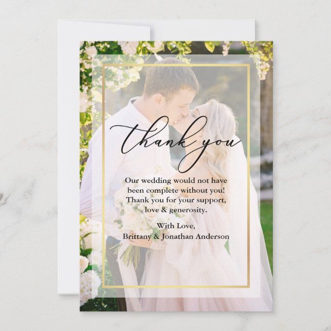 Delicate Calligraphy Wedding Gold Frame Overlay Thank You Card (Front)