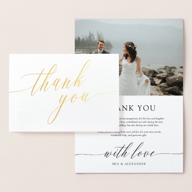 Delicate Calligraphy Wedding Photo Thank You Foil Card (Display)