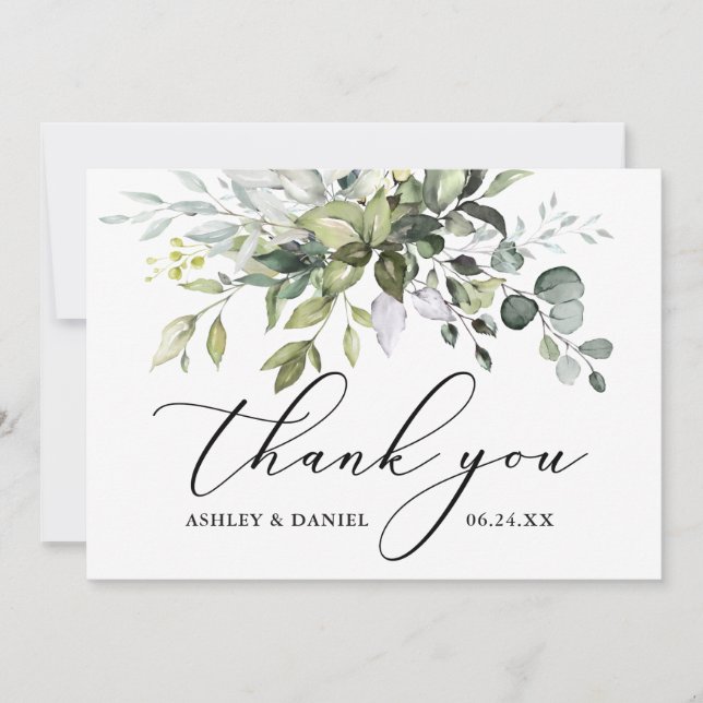 Delicate Calligraphy Wedding Watercolor Greenery Thank You Card (Front)