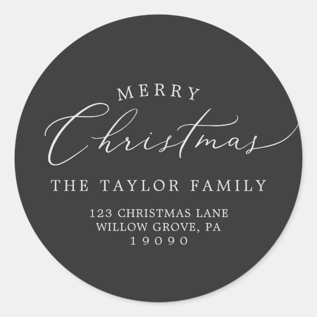 Delicate Charcoal Christmas Return Address Classic Round Sticker (Front)