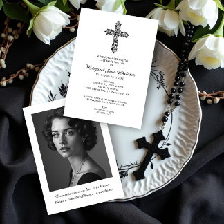 Delicate Christian Cross Minimal Photo Funeral Invitation