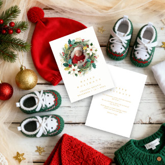 Delicate Classy First Christmas Wreath Baby Photo  Holiday Card