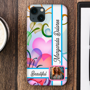 Delicate colourful hearts, custom photo & name iPhone 13 case