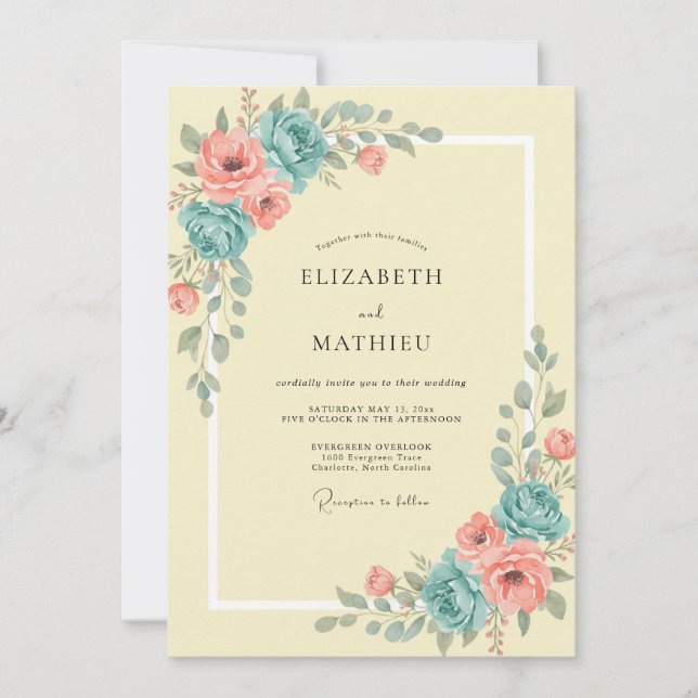 Delicate Coral Turquoise Peony Wedding Invitation (Front)