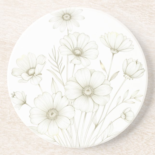 Delicate Cosmos Bouquet Line Art Grace Coaster (Front)