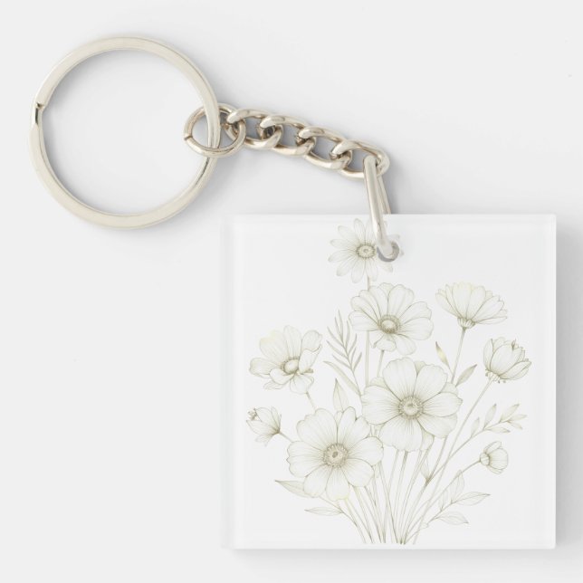 Delicate Cosmos Bouquet Line Art Grace Key Ring (Front)