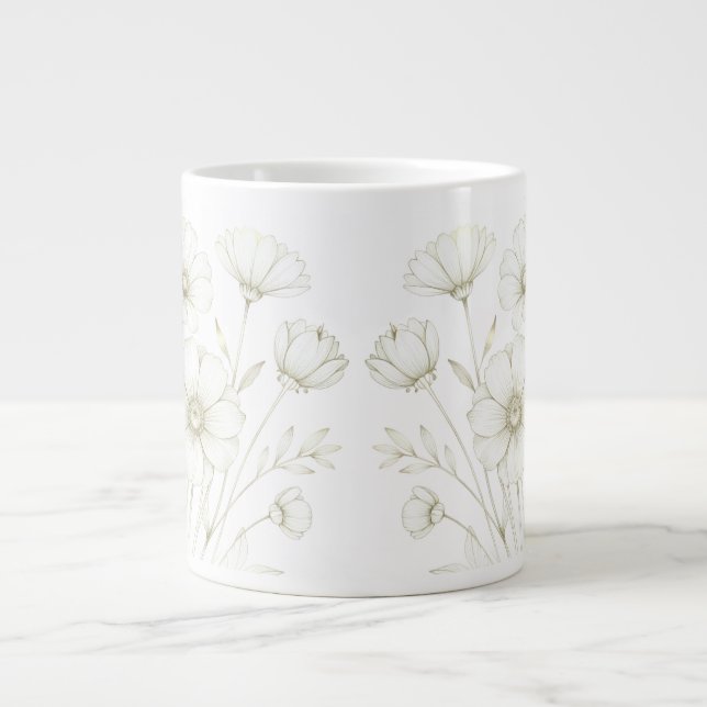 Delicate Cosmos Bouquet Line Art Grace Large Coffee Mug (Front)