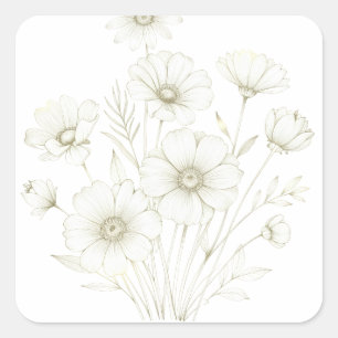 Delicate Cosmos Bouquet Line Art Grace Square Sticker