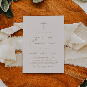 Delicate Cream Gold Cross First Holy Communion Invitation