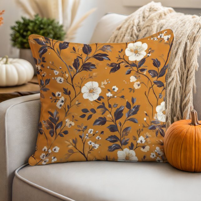 Delicate Cream on Orange Fall Floral  Cushion (Creator Uploaded)