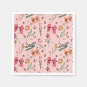 Delicate Cute Flowers Tulips and Bows Pink Napkin