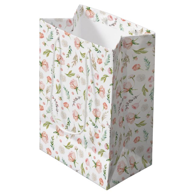 Delicate, Dainty Feminine Pink Floral  Medium Gift Bag (Front Angled)
