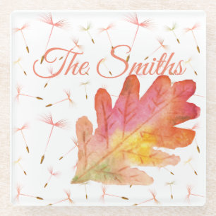 Delicate Dandelions & Autumn Leaf Glass Coaster