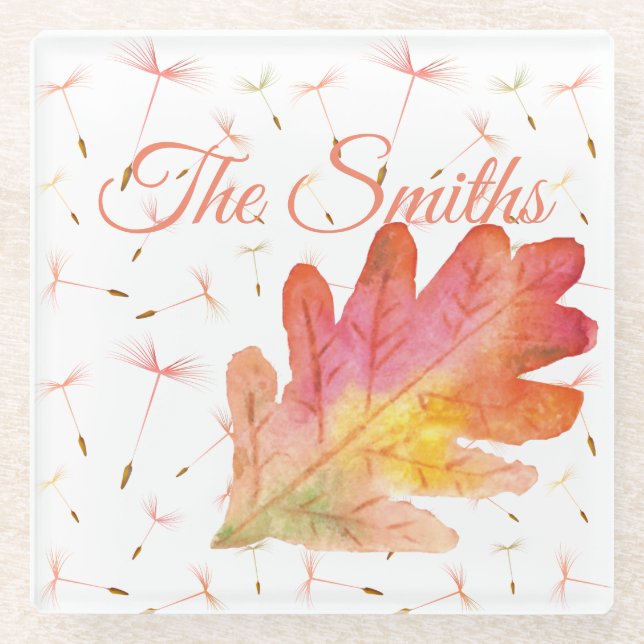 Delicate Dandelions & Autumn Leaf Glass Coaster (Front)