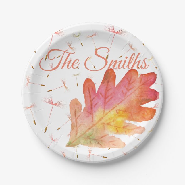Delicate Dandelions & Autumn Leaf Paper Plate (Front)