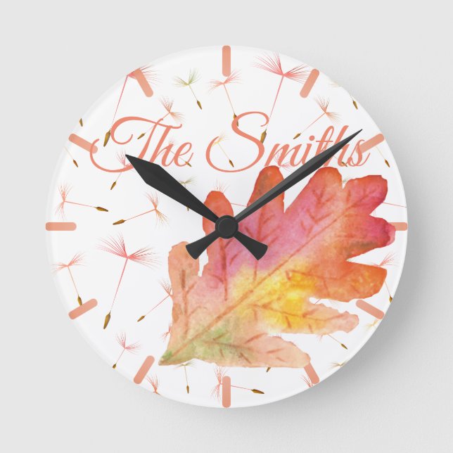 Delicate Dandelions & Autumn Leaf Round Clock (Front)