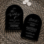 Delicate Dark Black All In One Modern Arch Wedding Invitation<br><div class="desc">This delicate dark black all in one modern arch wedding invitation is perfect for a modern wedding. The romantic minimalist design features lovely and elegant white typography on a black background with a clean and simple look. Save paper by including the details on the back of the wedding invitation instead...</div>