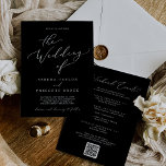 Delicate Dark Black Weekend Events QR Code Wedding Invitation<br><div class="desc">This delicate dark black weekend events QR code wedding invitation is perfect for a modern wedding. The moody design features lovely and elegant white typography on a black background with a sophisticated look. Save paper by including the weekend schedule of events on the back of the wedding invitation instead of...</div>