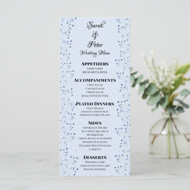 Delicate Dark Blue Wildflowers Romantic Wedding Menu (Standing Front)