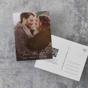 Delicate Dark Photo Overlay QR Code Save the Date  Invitation Postcard