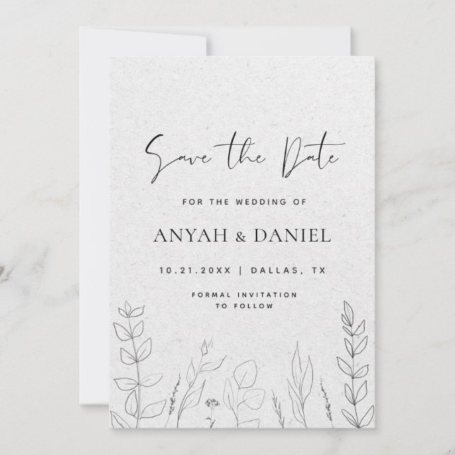 Delicate Drawn Floral Line Art Black White Kraft Save The Date (Front)