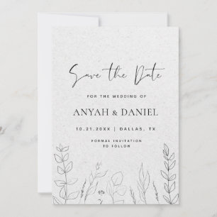 Delicate Drawn Floral Line Art Black White Kraft Save The Date