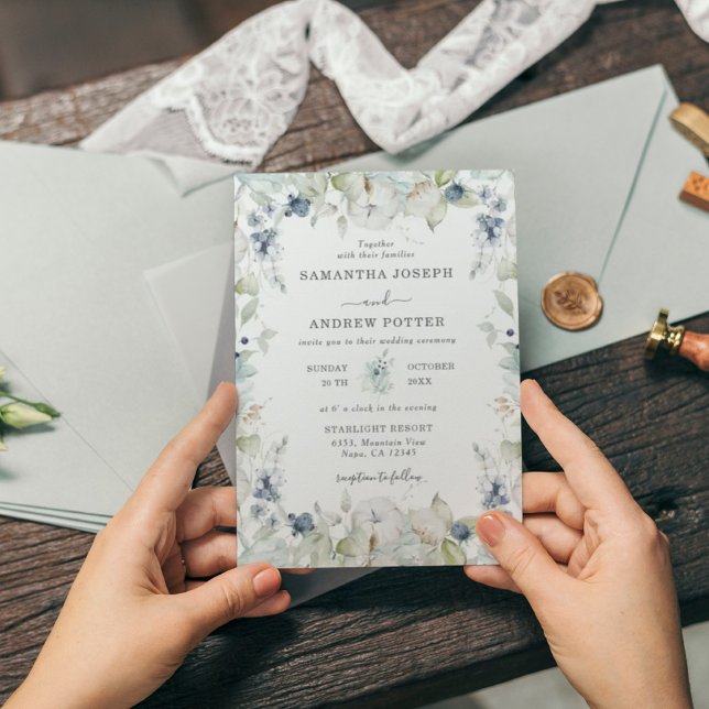 Delicate Dusty Blue Floral & Leaves Frame Wedding  Invitation (Creator Uploaded)