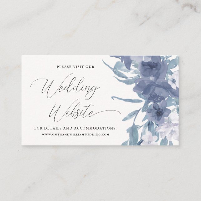 Delicate Dusty Blue Floral Wedding Website Enclosure Card (Front)