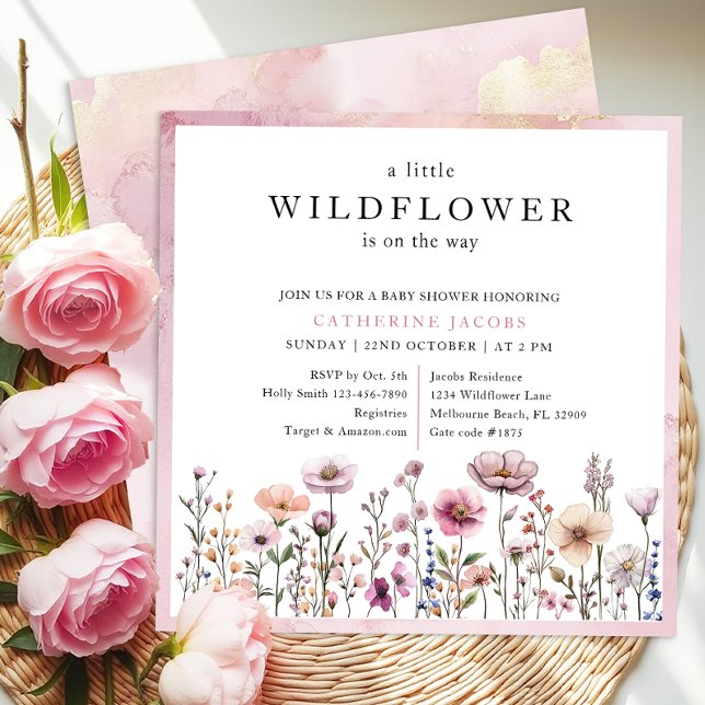 Delicate Dusty Pink Wildflower Baby Shower Invitat Invitation (Watercolor Wildflower Baby Shower Invitation)
