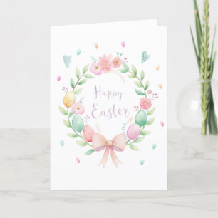 Delicate Easter wreath with flowers and eggs Holiday Card