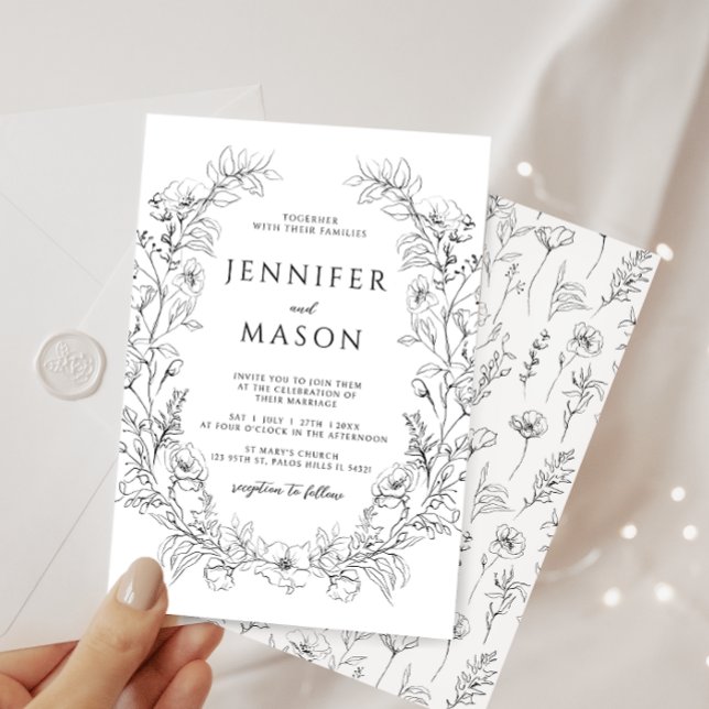 Delicate elegant black white floral wreath wedding invitation (Creator Uploaded)