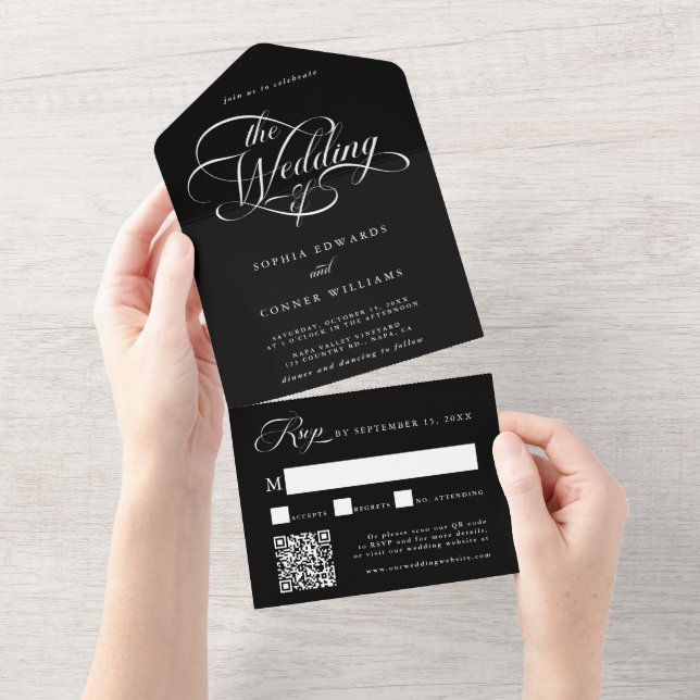 Delicate Elegant Script Wedding Black  All In One Invitation (Tearaway)