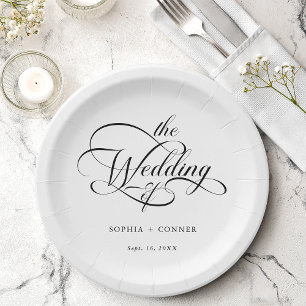 Delicate Elegant Script Wedding Black & White Paper Plate