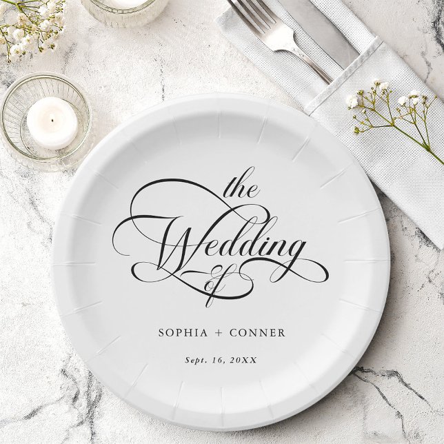 Delicate Elegant Script Wedding Black & White Paper Plate (Creator Uploaded)