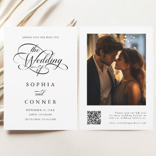 Delicate Elegant Script Wedding Photo QR Code Save The Date