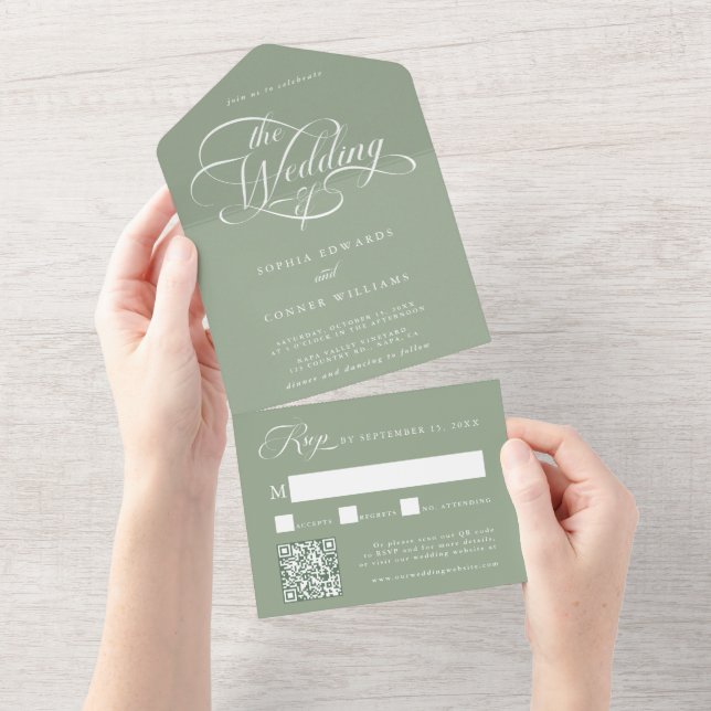Delicate Elegant Script Wedding Sage Green All In One Invitation (Tearaway)