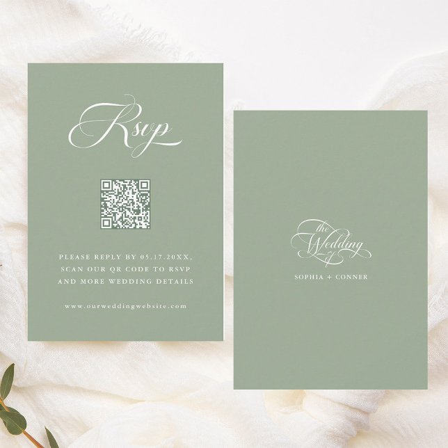 Delicate Elegant Script Wedding Sage Green RSVP Card (Front & Back)