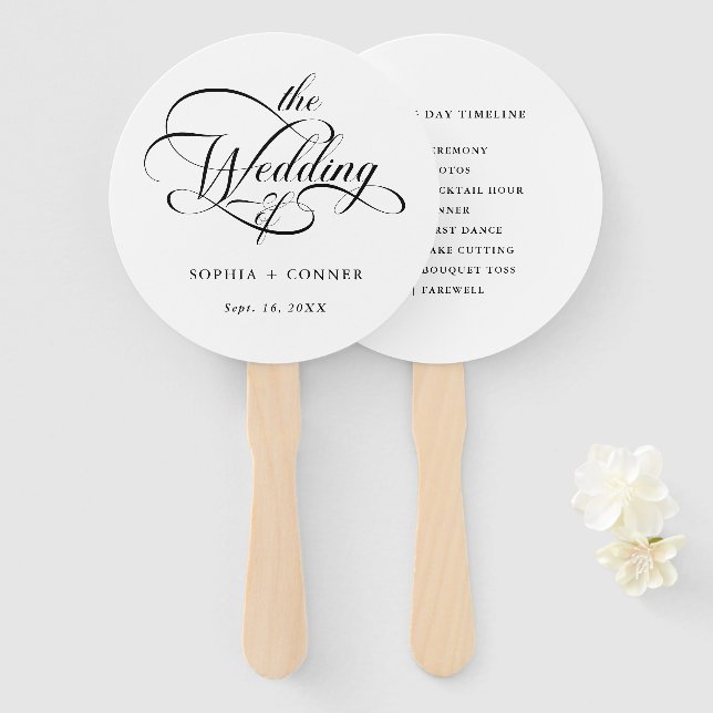 Delicate Elegant Script Wedding Timeline Hand Fan (Front and Back)