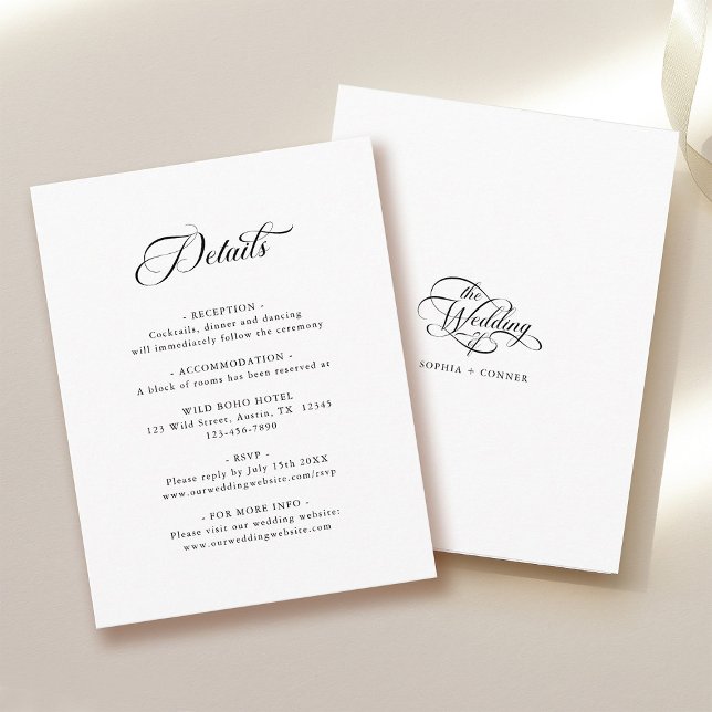 Delicate Elegant Wedding Black & White Details Enclosure Card (Front & Back)