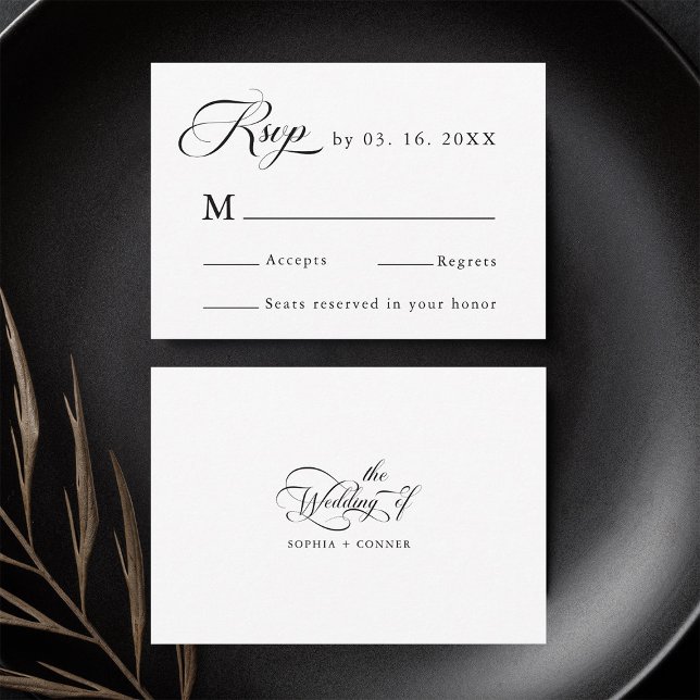 Delicate Elegant Wedding Black & White  RSVP Card (Front & Back)