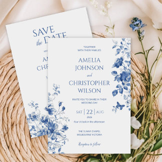 Delicate elegant wedding invitation in blue colour