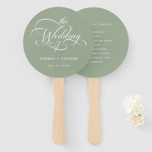 Delicate Elegant Wedding Timeline Sage Green Hand Fan (Front and Back)
