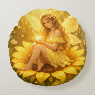 Delicate Elf on a Sunflower Round Cushion