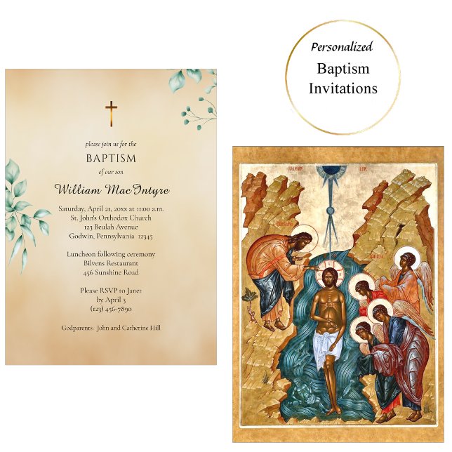 Delicate Eucalyptus and Parchment Orthodox Baptism Invitation (Creator Uploaded)