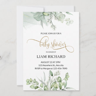 delicate eucalyptus leaves baby shower invitation